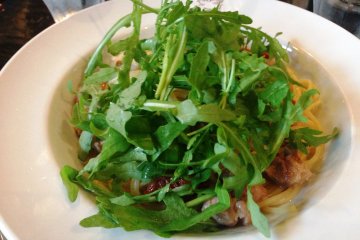 <p>Fresh Pasta topped with chicken and semi dried tomatoes and Rocket at Via Quadronno at Harajuku Bell Pier,&nbsp;on Onden Street between Cat Street, Meiji Street, and Jingu-mae and Omotesando Subway Stations</p>