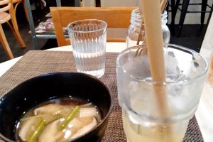 Organic apple juice and miso soup