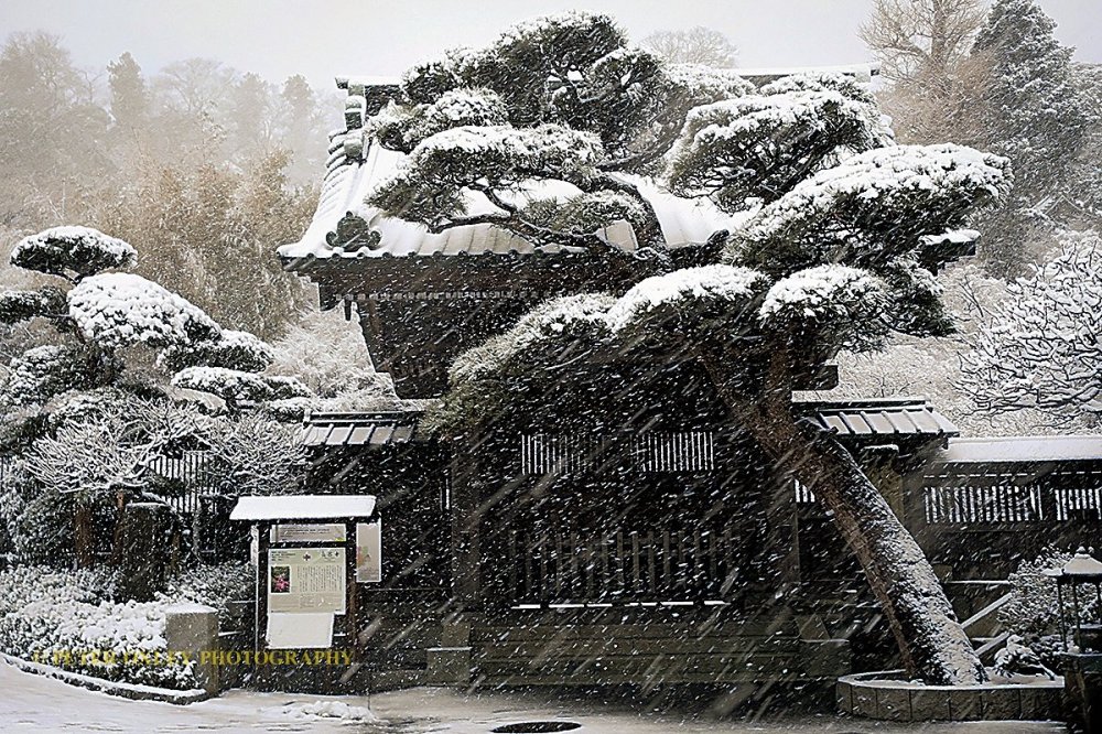 The main gate to the temple in a winter snowstorm.