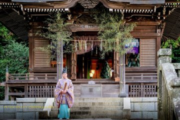 Shinto priest in front of the main hall
