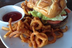 The double decker chesseburger comes with sweet potato curly fries