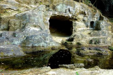 <p>Caves for Zen practice, and a pond</p>