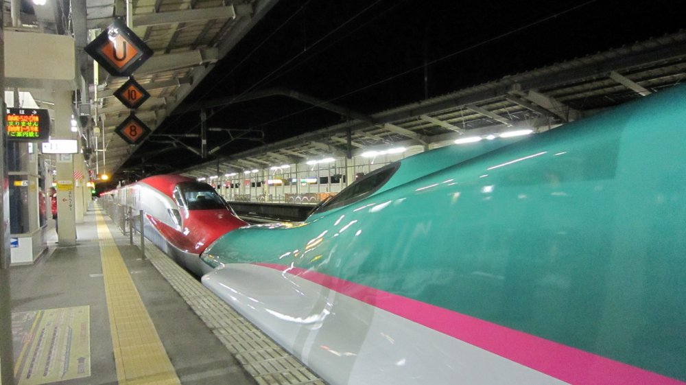 JR福島駅停車中の仙台行き「やまびこ」。赤、緑、ピンクのカラーと流線型フォームが美しい