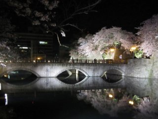 Hình ảnh phản chiếu chiếc cầu và những cây hoa anh đào trên mặt nước