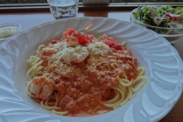 A few kinds of pastas and curry are available for lunch.